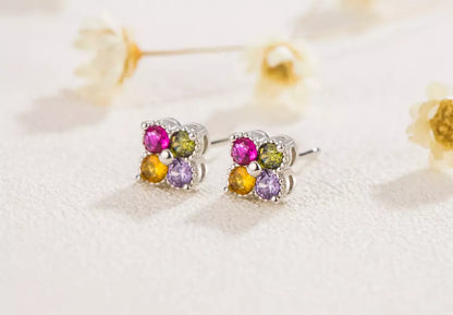 925 Sterling Silver Rainbow Crystal Clover Stud Earrings for Women