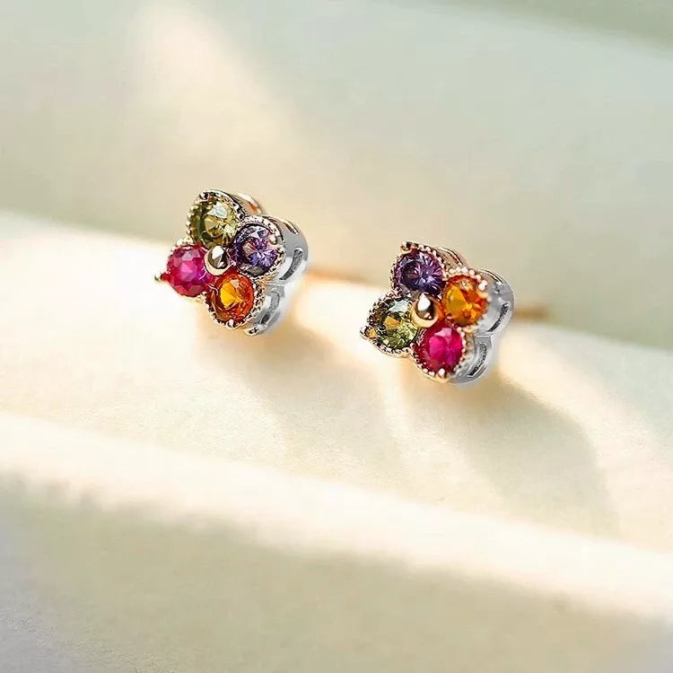 925 Sterling Silver Rainbow Crystal Clover Stud Earrings for Women