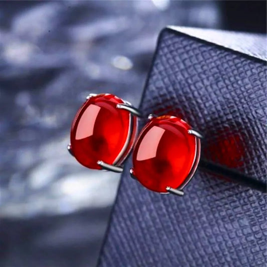 Red Oval Zircon Ruby Earrings - 925 Sterling Silver Studs for Women