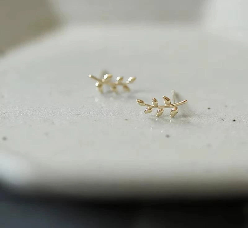 Branches Stud Temperament Mini Leaves Earrings Plated in 14k Gold