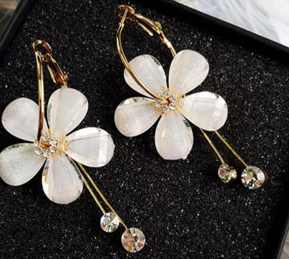 Shinny Flower 5 Petal Drop Stick Earring Stud - 925 Silver Plated Jewellery Gift