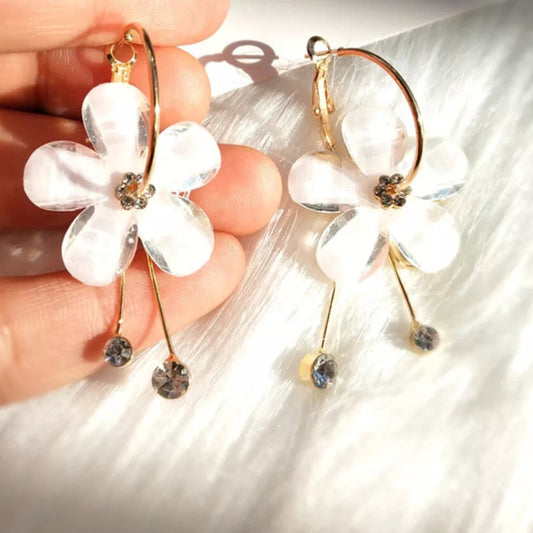 white Shinny Flower 5 Petal Drop Stick Earring Stud - 925 Silver Plated Jewellery Gift