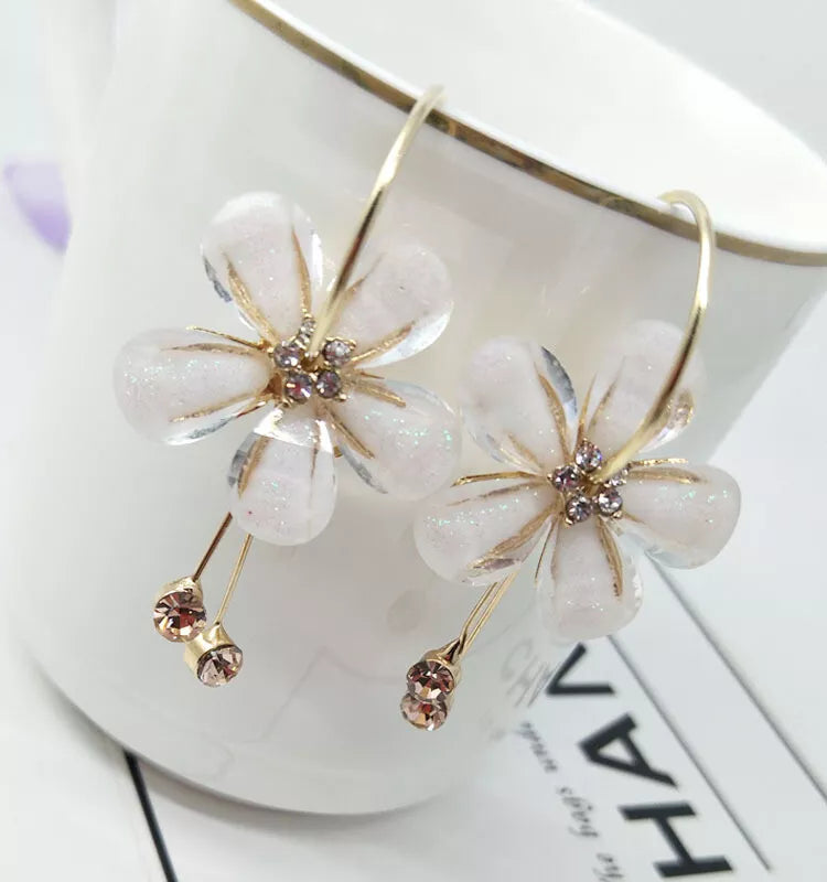 White Shinny Flower Five Petal Drop Stick Earring Stud - 925 Silver Plated Jewellery Gift