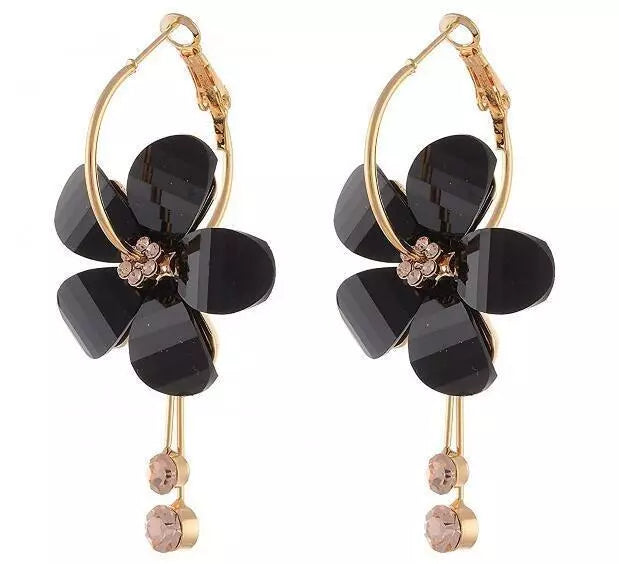 Black Shinny Flower 5 Petal Drop Stick Earring Stud - 925 Silver Plated Jewellery Gift