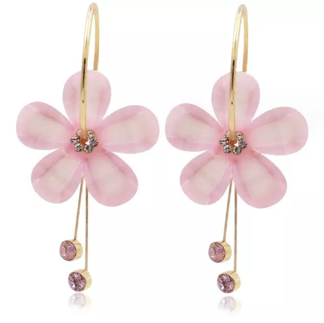 Pink Shinny Flower 5 Petal Drop Stick Earring Stud - 925 Silver Plated Jewellery Gift