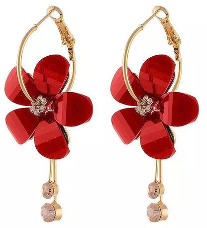 Red Shinny Flower 5 Petal Drop Stick Earring Stud - 925 Silver Plated Jewellery Gift