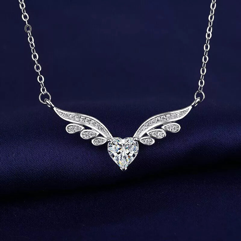 Silver Angel Wing Heart Choker Necklace – Elegant Crystal Jewellery Gift for Women & Girls (45cm + 5cm)