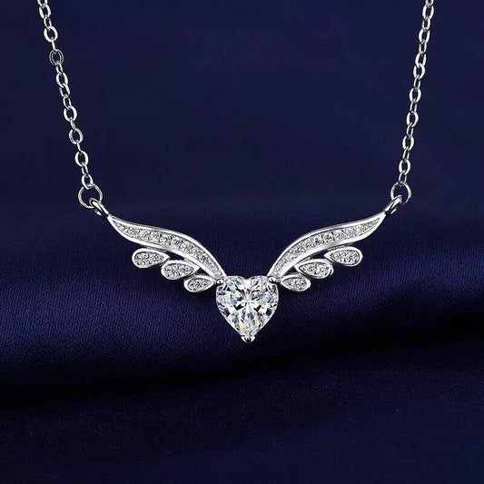Silver Angel Wing Heart Choker Necklace – Elegant Crystal Jewellery Gift for Women & Girls (45cm + 5cm)