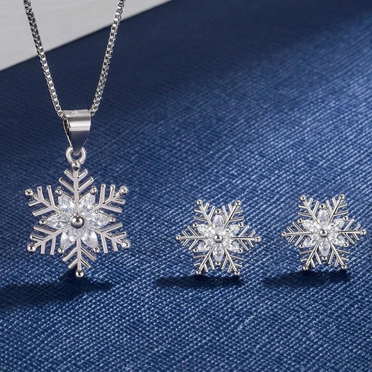 Snowflake Pendant Necklaces | Crystal Stud Earrings 925 Sterling Silver | Snowflake Jewellery Earrings