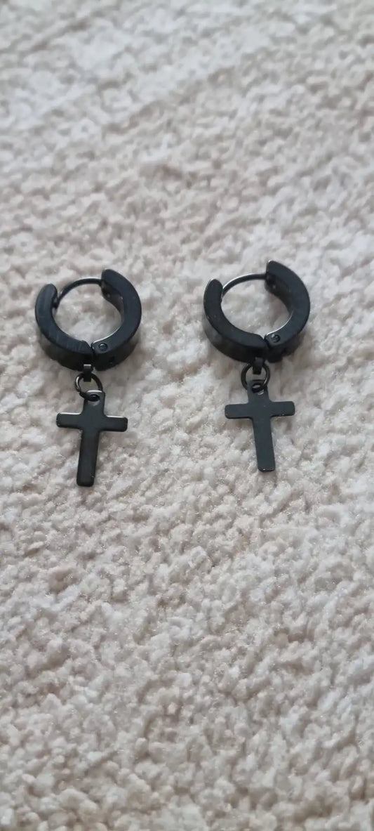 Stainless Steel Unisex Cross Stars Punk Dangle Earrings" "Gothic Hoop Huggies with Cross and Stars Design black