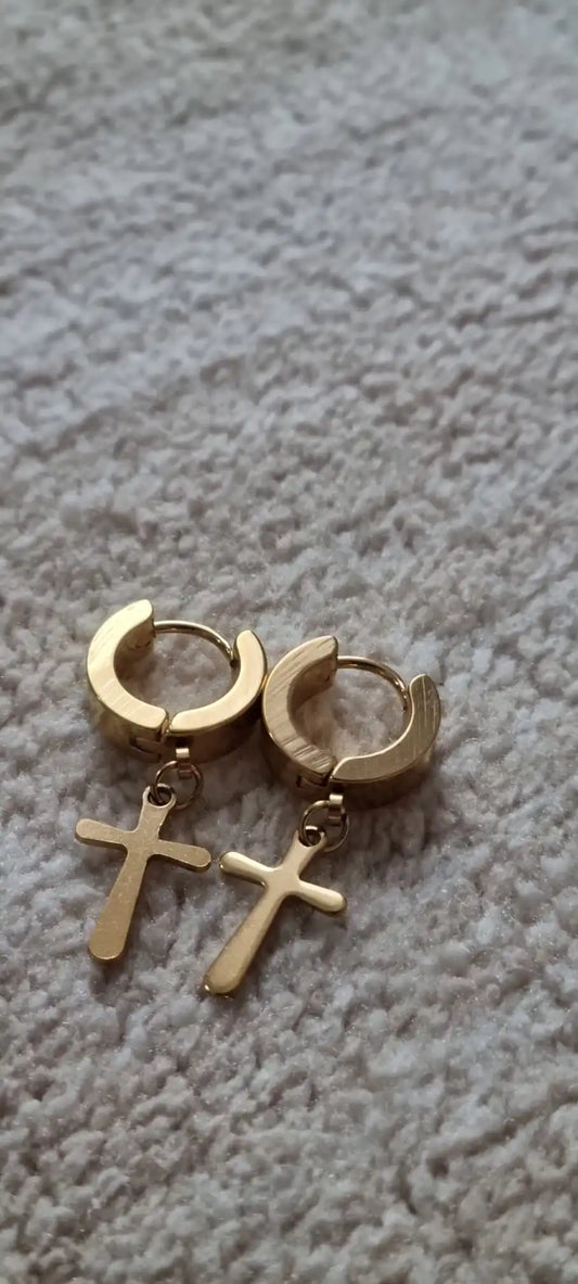 Stainless Steel Unisex Cross Stars Punk Dangle Earrings" "Gothic Hoop Huggies with Cross and Stars Design gold