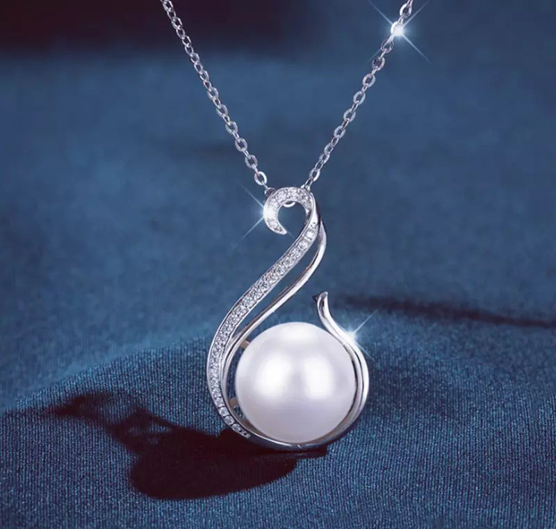 925 Sterling Silver Crystal Swan Pearl Drop Pendant Necklace Womens Jewellery UK