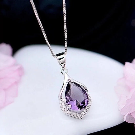 Tear Drop Amethyst Crystal Necklace | Amethyst Necklace Birthstone Jewellery Gift For Her