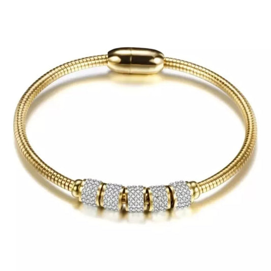 Titanium Steel Chunky Women Bracelet - Gold Bangle with Cubic Zirconia