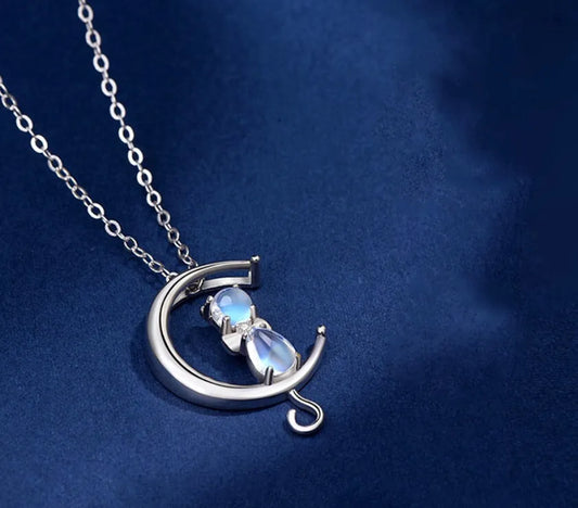 Women Moonstone Cat Pendant Necklace with 925 Sterling Silver