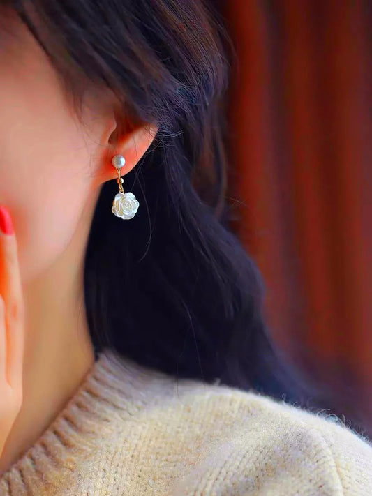 Women White Camellia Pearl Gold Dangle Drop Stud Earrings | Jewellery Love Gift UK