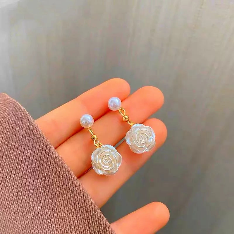 Women White Camellia Pearl Gold Dangle Drop Stud Earrings | Jewellery Love Gift UK