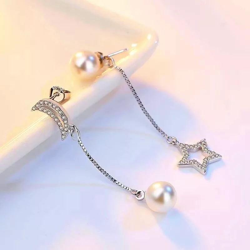 Women's Pearl Moon & Star Stud Chain Drop Earrings in 925 Sterling Silver