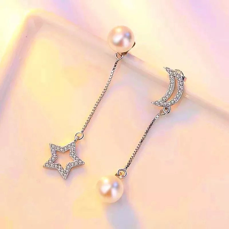 Women's Pearl Moon & Star Stud Chain Drop Earrings