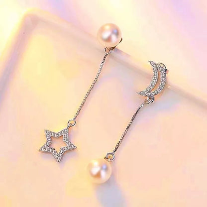 Women's Pearl Moon & Star Stud Chain Drop Earrings