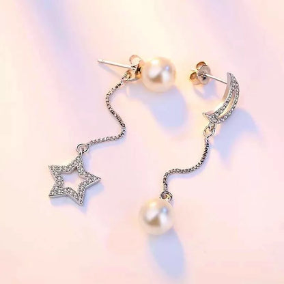 Women's Pearl Moon & Star Stud Chain Drop Earrings