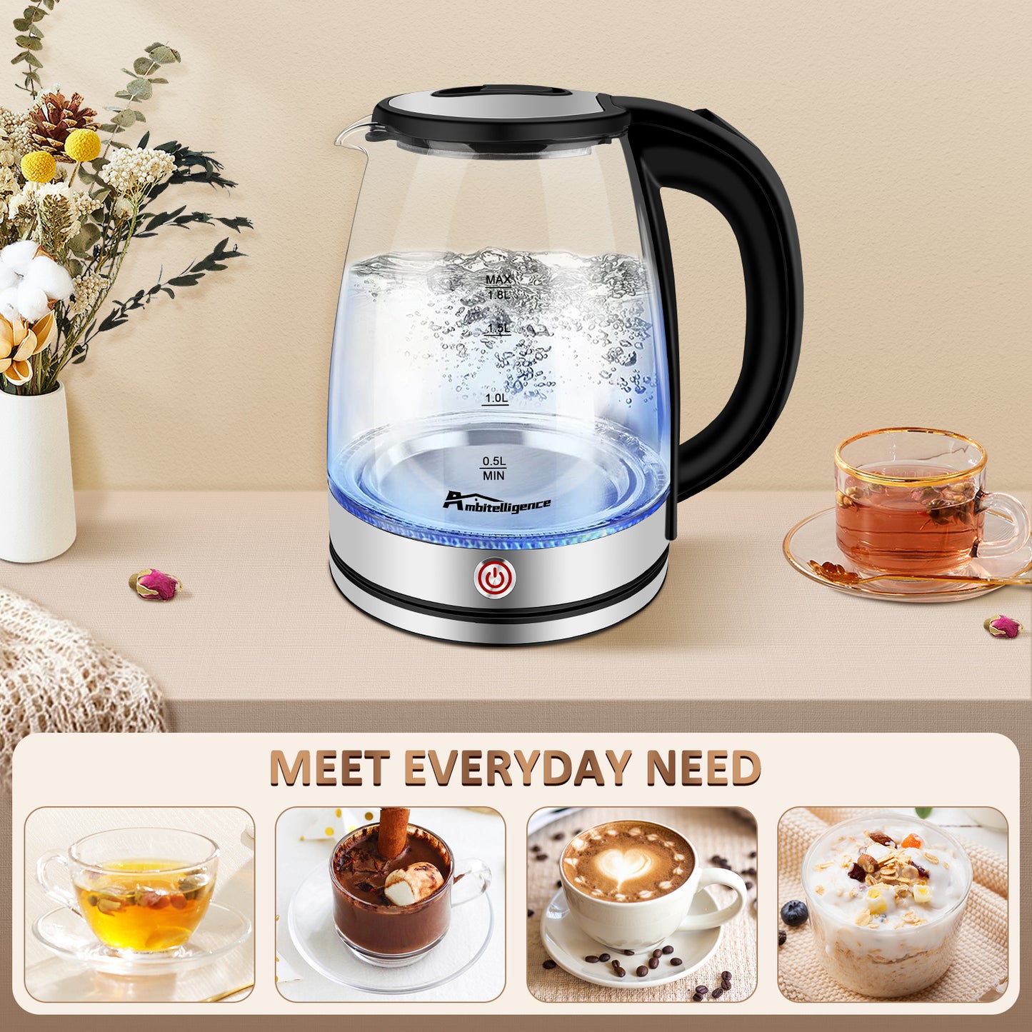 Electric Kettle Keep Warm, 1.8L Glass Tea Kettle, Hot Water Boiler with LED Light, Auto Shut-Off & Boil Dry Protection