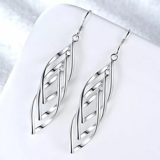 925 Sterling Silver Triple Leaf Drop Earrings – Long Dangle Hook Design for Women UK Hallmarked Jewellery Gift