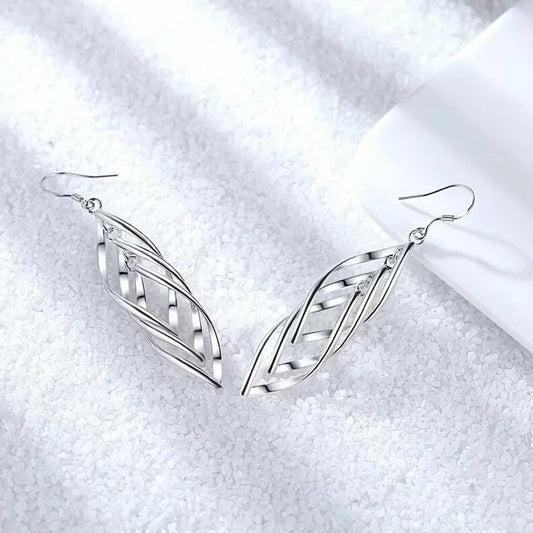 925 Sterling Silver Triple Leaf Drop Earrings – Long Dangle Hook Design for Women UK Hallmarked Jewellery Gift