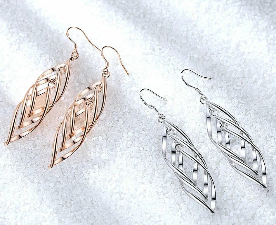 925 Sterling Silver Triple Leaf Drop Earrings – Long Dangle Hook Design for Women UK Hallmarked Jewellery Gift