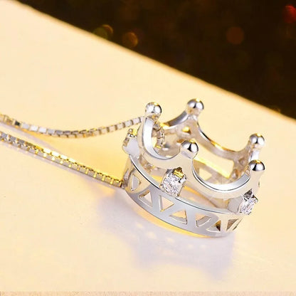 Crystal Crown Pendant Necklace - 925 Sterling Silver Chain  Women's Jewellery Gift for Valentine's & Mother's Day