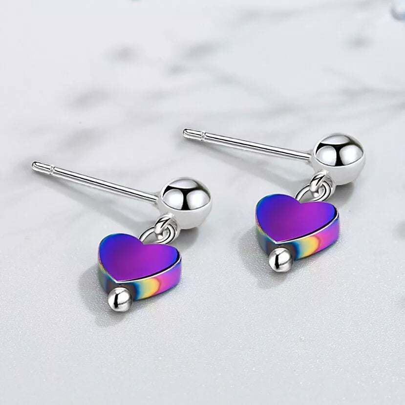 Women Girl Cute Heart Drop Stud Earrings - 925 Sterling Silver Jewellery Gift