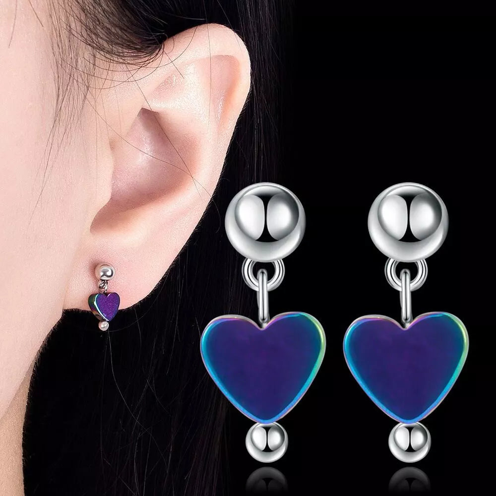 Women wearring Girls Cute Heart Drop Stud Earrings - 925 Sterling Silver Jewellery Gift