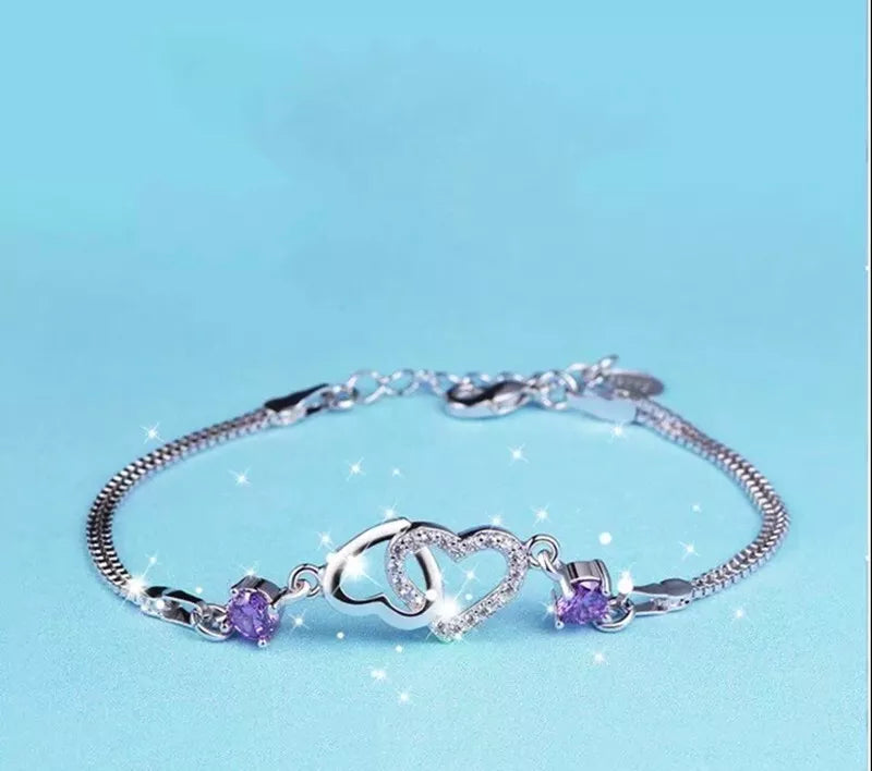 925 Sterling Silver Crystal Double Heart Linked Charm Bracelet