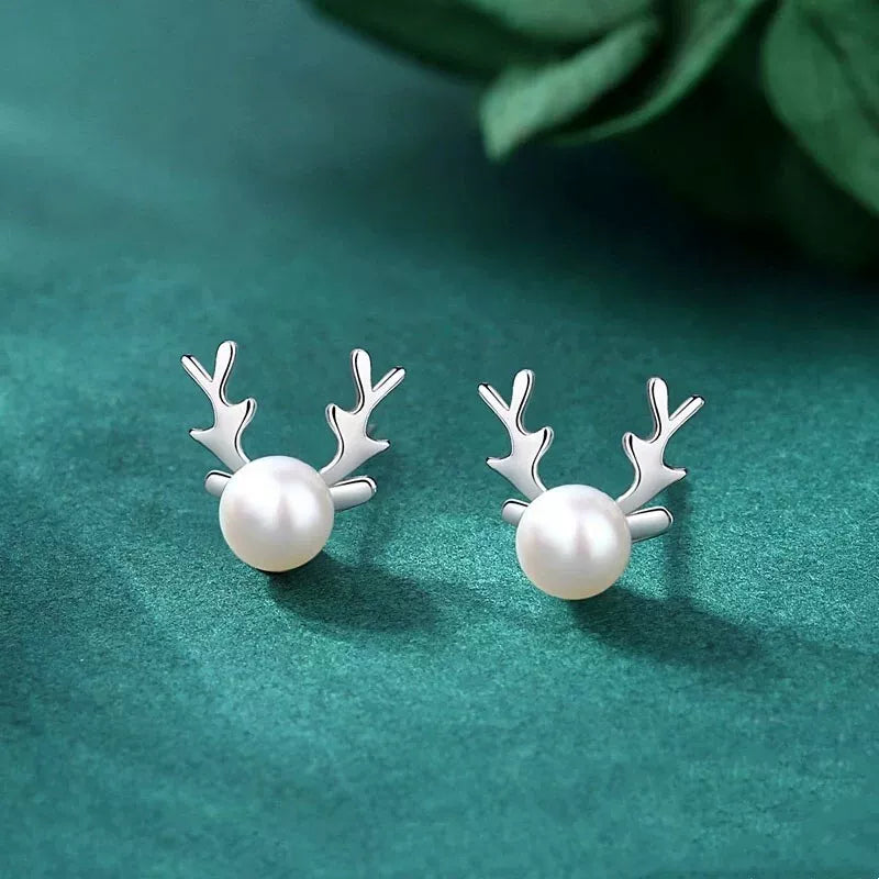 Sterling Silver Pearl Elk Stud Earrings