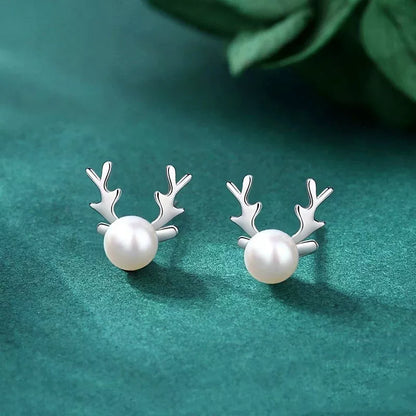 Sterling Silver Pearl Elk Stud Earrings