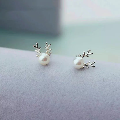 Sterling Silver Pearl Elk Stud Earrings