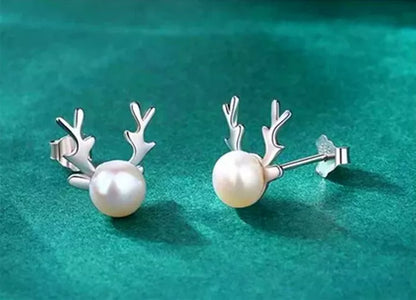 Sterling Silver Pearl Elk Stud Earrings