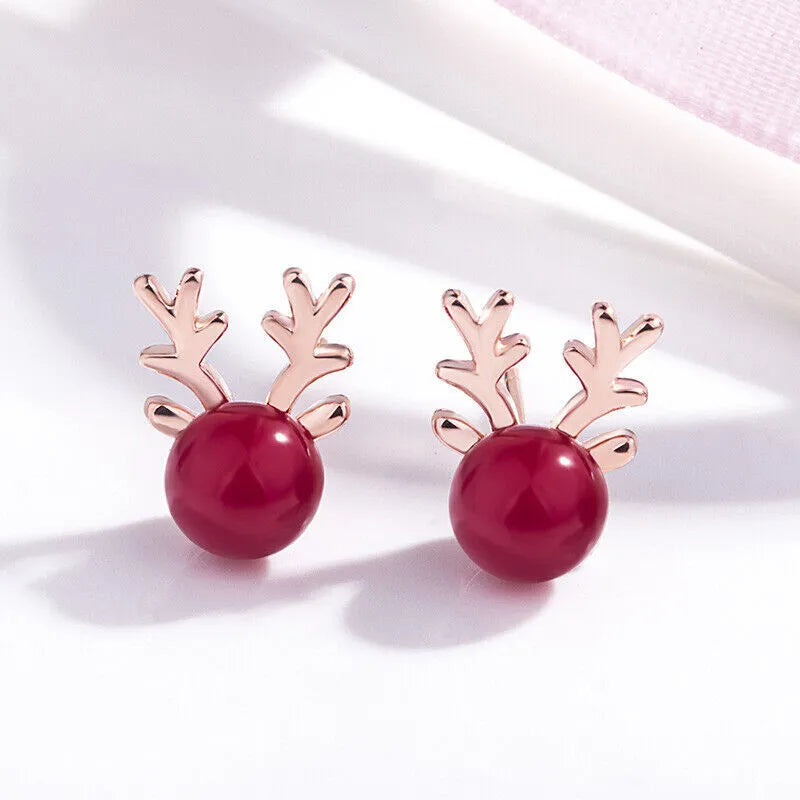 Red Crystal Reindeer Elk Stud Earrings for Women and Girls